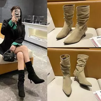 Сапоги женские толстые ноги тонкие каблуки сапоги на среднем каблуке, но с завышенной талией до колена замшевые остроносые сапоги средние сапоги Martin boots 35 чёрный