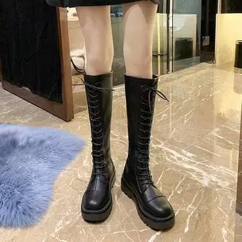 Сапоги женские узкие рыцарские осенние и зимние флисовые сапоги на платформе туфли высокие маленькие новые сапоги белые модные 35