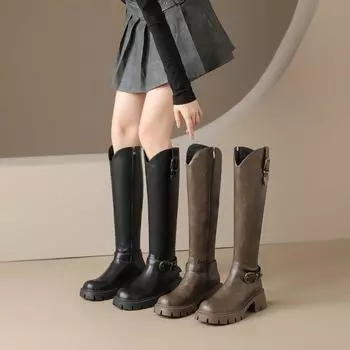 Сапоги женские Весенние и осенние Рыцарские сапоги с толстой подошвой Высокие сапоги на толстом каблуке Длинные сапоги Ранняя осень Высокие сапоги 35 хаки
