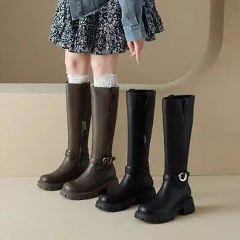 Сапоги женские Весна и осень Рыцарские сапоги с толстой подошвой Высокие сапоги на толстом каблуке Длинные сапоги Ранняя осень Сапоги с высокими сапогами 35 чёрный