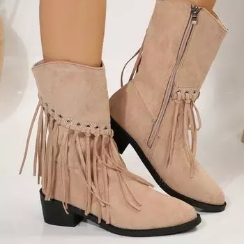 Сапоги женские винтажные кисточки ковбойские осенне-зимние модные остроносые джинсовые ботильоны женские на высоком каблуке плиссированные ботинки в стиле вестерн 36 абрикосовый