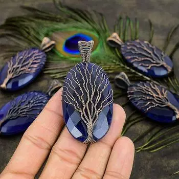 Подвеска из медной проволоки ручной работы с натуральным драгоценным камнем сапфиром 2,76 дюйма D7c86