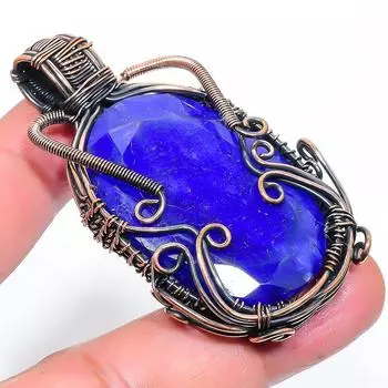 Sapphire Natural Gemstone Handmade Copper Wire Wrap Pendant 2.44 p9D16