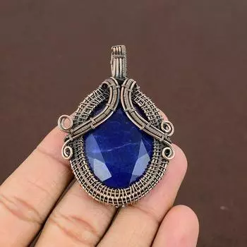 Sapphire Natural Gemstone Handmade Copper Wire Wrap Pendant 2.56 T6L75