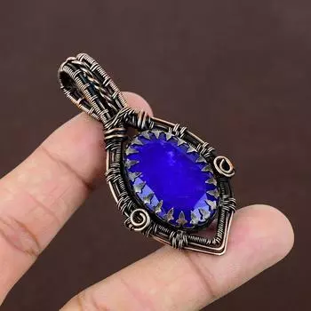 Sapphire Natural Gemstone Handmade Copper Wire Wrap Pendant 2.64 h9W95