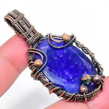 Sapphire Natural Gemstone Handmade Copper Wire Wrap Pendant 2.44 n0w55