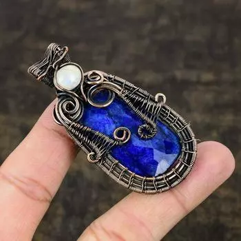 Sapphire Natural Moonstone Gemstone Copper Wire Wrap Pendant 2.68 j7M05