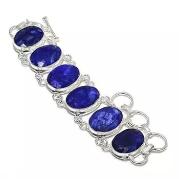 Sapphire(Simulated) Gemstone Handmade 925 Sterling Silver Bracelet 7-8 A8I33
