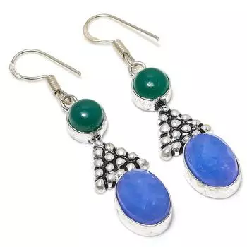 Сапфир натуральный зеленый оникс драгоценный камень подарочные серьги ручной работы 2.17 J8Q35