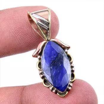 Sapphire(Simulated) Handmade 925 Sterling Silver Two Tone Pendant 1.25 U3i95