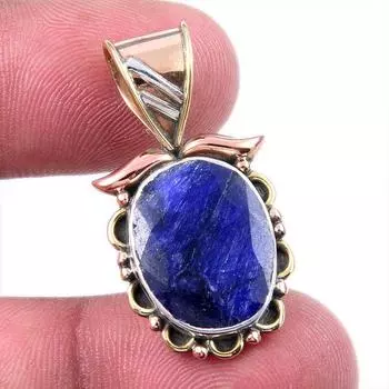 Sapphire(Simulated) Handmade 925 Sterling Silver Two Tone Pendant 1.25 w1M07