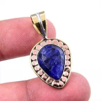 Sapphire(Simulated) Handmade 925 Sterling Silver Two Tone Pendant 1.25 P2k57