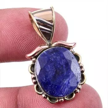 Sapphire(Simulated) Handmade 925 Sterling Silver Two Tone Pendant 1.25 I9a71
