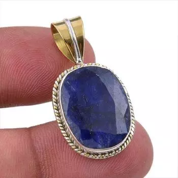 Sapphire(Simulated) Handmade 925 Sterling Silver Two Tone Pendant 1.50 W1a63