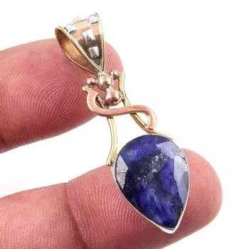 Sapphire(Simulated) Handmade 925 Sterling Silver Two Tone Pendant 1.75 B7g33