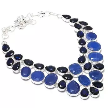 Сапфир(Смоделированный), Рождественский подарок с топазом, ювелирное ожерелье 18 дюймов E9p41