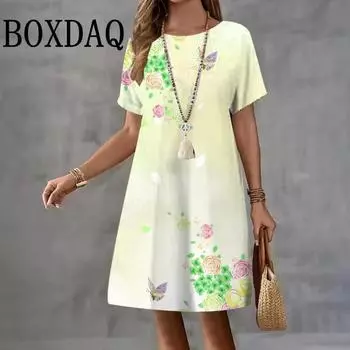 Сарафан Бабочка Женские платья 3D Цветочный принт Женская одежда Повседневное А-силуэт Свободное платье с коротким рукавом Летнее элегантное женское платье S