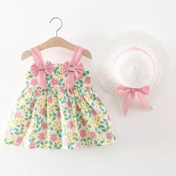 Сарафан на бретельках с принтом Платье для малышей Вечернее платье без рукавов с бантом и шляпой 90 розовый