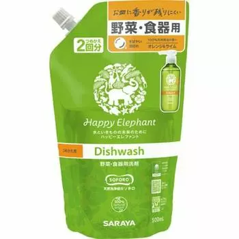 Saraya Detergent Happy Elephant Orange Lime Refill 500mL Vegetable/Dishwashing &