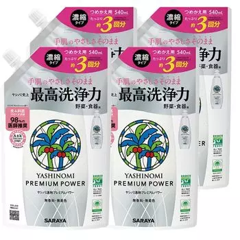 Saraya Yashinomi Detergent Premium Power Refill 540 мл x 4 пакета Набор для мытья посуды Концентрированное моющее средство Saraya Refill Без запаха Бесцветный Бесцветный