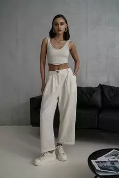 Саржевые бежевые льняные брюки