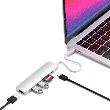 Satechi Slim V2 Multi Hub 6in1 4K Card with MacBook iPad USB Hub C USB-C (Silver) USB-C PD(60W), HDMI(60Hz), Micro/SD Slot, USB-A (Compatible Pro/Air,