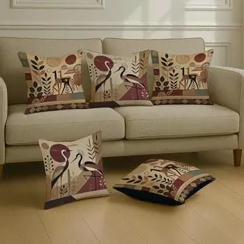 Satin Cushion Covers Crane with Tribal Botanical Motifs in Earthy Tones, Pack of 5 for Sofa, Living Room or Boho Minimalist Interiors Medium