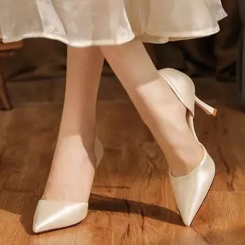 Satin hollow thin heel pointed high heels elegant shoes simple and versatile daily women 34