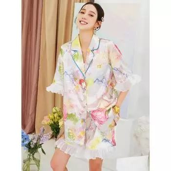 Пижама из искусственного шелка с принтом из атласа и шелка, комплект из двух предметов, с короткими рукавами, сетка, кружево, уличный стиль, домашняя одежда на лето S