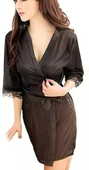 Satin nightgown with sexy glossy underwear [DOKiDOKi] [black] T-back, pajamas, nightgown, [item]