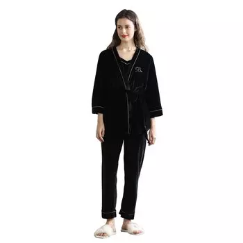 Satin Room 3 Piece Long [HACAI] Women s Pajamas, Wear, Set, Loungewear, Sleeves, Sleepwear, Camisole, Spring, Summer, Autumn, Skin-friendly чёрный