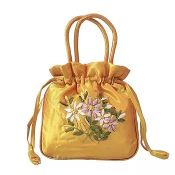 Satin Silk Hanfu Drawstrings Bag Leaf Small Purse Wallet Embroidery Flower Handbag Outdoor