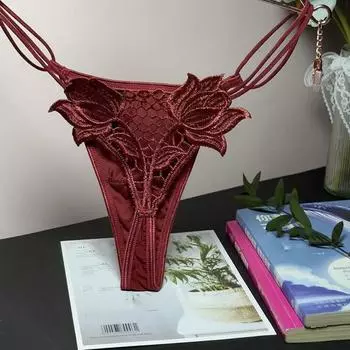 Satin Silk Low-Waist Mesh Panties Transparent Ice Silk Lace Flower Thong Ladies S