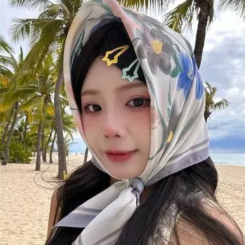 Satin Silk Printing Hair Scarf Flower Pattern Headscarves Temperament Hair Ribbon Scarf Female style3