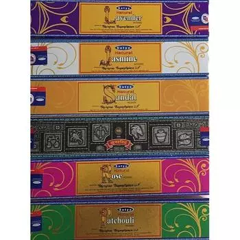 Satya Nag Champa Натуральная лаванда, Натуральный жасмин, Натуральный сандал, Суперхит, Натуральная роза, Натуральные пачули - набор из 6 - 15 грамм