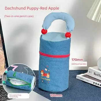 Sausage Dog Denim Pen Bag Large Capacity Good-looking Ins Wind Schoolgirl Stationery Buggy Bag Student Only Pencil Box Dachshund Puppy-Red Apple [Can Stand Pen Case]]