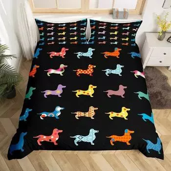 Sausage Dog King Queen Duvet Cover Floral Dachshund Bedding Set Cartoon Puppy Animal Comforter Cover olyester Quilt Cover 70x133cm 2pcs