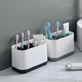 Экономьте место, легко чистите, прочный, с отверстием для слива, многофункциональный держатель для зубной щетки, держатель для зубной пасты, чехол для кистей для макияжа серый
