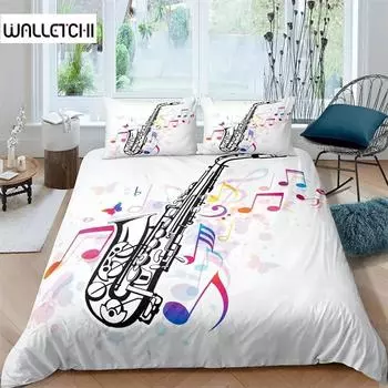Саксофон Пододеяльник Комплект Вращающиеся Музыкальные Ноты Постельное Белье Музыкальный Инструмент Ретро Джаз Музыка Тема Двойное Одеяло Покрывало Для Детей 135x200cm 2pcs