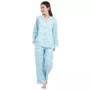 SAZAC Cinnamoroll Shirt Cotton Long Sleeve and Pants Gingham Cinnamoroll Pajamas, 100% Broadcloth, Women s Set, Loungewear, (Mint/M/SAN1780) мятный
