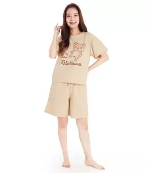[SAZAC] Rilakkuma Room Wear Mini Fleece U Neck Women s Short Sleeve Shorts Top and Bottom Set Pajamas Sanrio rilakkuma Sand Beige/M Size