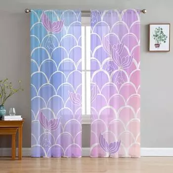 Scale Tail Hand Drawn Gradient Sheer Window Curtain Tulle Curtains for Livingroom Bedroom Hotel Home Decor Voile Drapes 135W x 114H(cm)