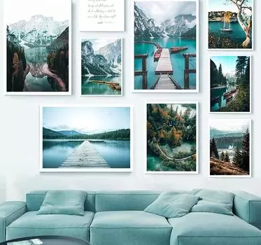 Scandinavian Landscape Canvas Print Painting, Wall Art, Forest, Sky, Lake, Boat, Snow, Mountain, Nordic Poster, Decoration Pictu 21x30cm No Framed