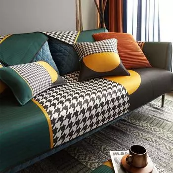 Scandinavian Summer Ice Silk Fashion Houndstooth Sofa Cushion Non-Slip Fabric Leather Sofa Towel Sets High-End Living Room Washing Cushion Dusk insane bird22 30*50 pillow case without core