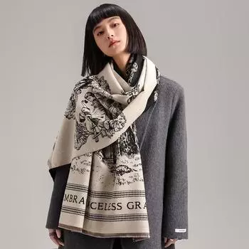 Scarf Girl Fengsen Landscape Double-Sided Winter Elegant Warm Shawl 185cm серый