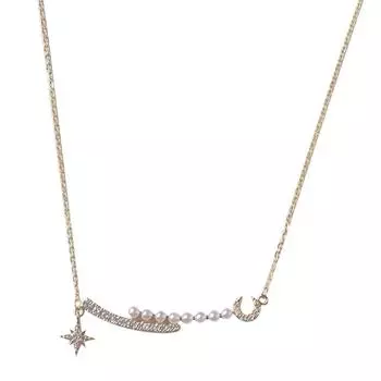 Scattered Stars Retro French Temperament Exquisite Zircon Star Moon Pearl Necklace Clavicle Chain