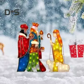 Сцена Рождества Христова Садовый кол, освещенный Святое Семейство, наземный кол, уличный, легко устанавливаемый, освещенный рождественский кол для газона и двора D