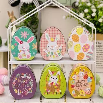 Счастливая Пасхальная Коробка Для Угощения Плоское Яйцо Форма Коробка Конфет Мультяшный Кролик Узор Портативная Железная Художественная Коробка Для Печенья Коробка Для Детей Подарочная Коробка Пасхальные Вечерние Сувениры A