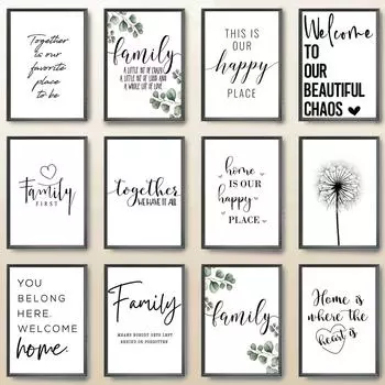 Счастливая Семья Цитата Настенное Искусство Черно-Белый Плакат Любовь Сердце Принт Скандинавская Минималистская Картина Холст Картины Декор Для Гостиной Спальни 21cm30cm NoFrame