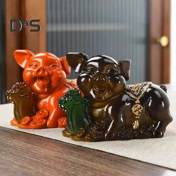 Счастливая свинка чайный питомец смоляная статуэтка, меняющая цвет, для чайной церемонии, забавный чайный сервиз, украшения, поделки для полок, столов, гостиных L красный